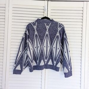 Vintage 80s Patterned Geometric Mock Neck Sweater in Purple/Gray/Grey/White